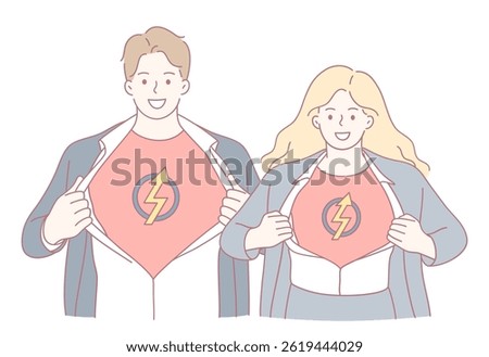 A cheerful pair of superheroes unveiling their identities with vibrant shirts showcasing a lightning bolt.