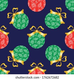 Cheerful paisley baubles vector seamless pattern background. Decorative Christmas tree ornaments with gold bows on dark backdrop. Hand drawn doodle style all over print for seasonal holiday products.