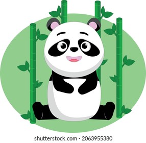 
cheerful panda among bamboo on a green background