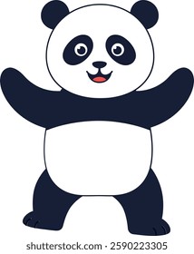 A cheerful panda with a big smile stands with arms outstretched, radiating happiness and playfulness in a minimalist design.