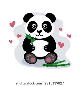 Cheerful panda character with bamboo and hearts