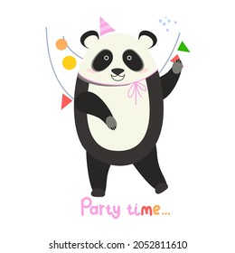 Cheerful panda is dancing. Inscription - Party time. Flat vector illustration isolated on white background.