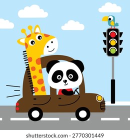 A cheerful panda driving a brown car with a smiling giraffe peeking out from the passenger side, passing a traffic light with a bird on top, on a road with clouds in the sky. Children's transportation and friendship concept