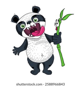 Cheerful panda eats bamboo. Funny vector illustration. scared bamboo. T-shirt print. Premium Vector. Flat Cartoon Style