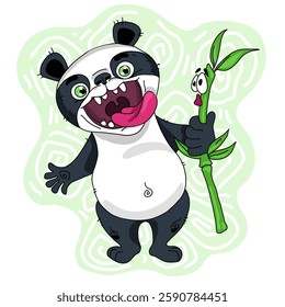 Cheerful panda eats bamboo. Funny vector illustration. scared bamboo. T-shirt print. Premium Vector. Flat Cartoon Style