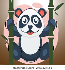 cheerful panda hanging on bamboo