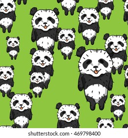 Cheerful Panda on a green background. Seamless pattern. Vector illustration