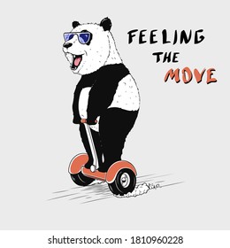 Cheerful panda rides on gyrocycle, hoverboard. Vector illustration