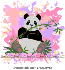 Cheerful panda sits on the grass and eats bamboo on a background of pink blots in a watercolor style. Design of hoodies, t-shirts, bags, packages, notebooks