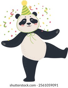 Cheerful panda wearing a festive party hat dances joyfully amidst a flurry of colorful confetti, embodying the spirit of celebration and playful exuberance