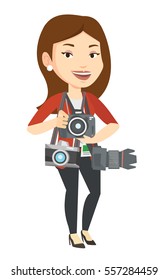 Cheerful paparazzi with many cameras. Caucasian photographer with many photo cameras equipment. Professional journalist with many cameras. Vector flat design illustration isolated on white background.