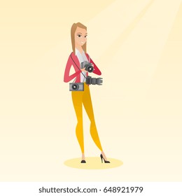 Cheerful paparazzi with many cameras. Young caucasian female photographer with many photo cameras equipment. Professional journalist with many cameras. Vector flat design illustration. Square layout.