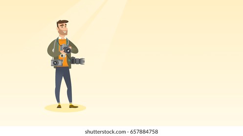 Cheerful paparazzi with many cameras. Young caucasian male photographer with many photo cameras equipment. Professional journalist with many cameras. Vector flat design illustration. Horizontal layout