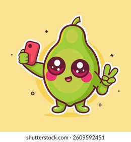 cheerful papaya fruit character mascot taking a selfie with a smartphone isolated cartoon 