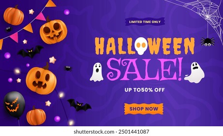 Cheerful Papercut Halloween sale backdrop featuring pumpkins, spiders, bats, flags, and a glowing fiesta lamp. Perfect for a party flyer or invitation template. EPS 10 vector illustration.
