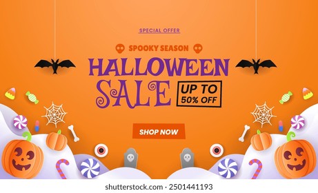 
Cheerful Papercut Halloween sale backdrop featuring pumpkins, spiders, bats, flags, and a glowing fiesta lamp. Perfect for a party flyer or invitation template. EPS 10 vector illustration.