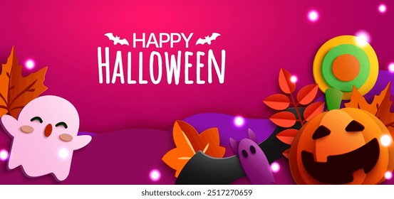 A cheerful papercut illustration perfect for Halloween. Featuring adorable ghosts, a smiling pumpkin, and colorful autumn leaves, this design is ideal for and festive decorations. Vector Illustration