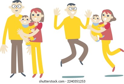 Cheerful parent and child dad, mom and baby set illustration material
