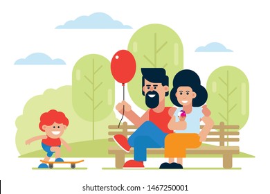 Cheerful parents with balloon and ice cream looking at son riding skateboard. Positive family spending time together vector illustration.