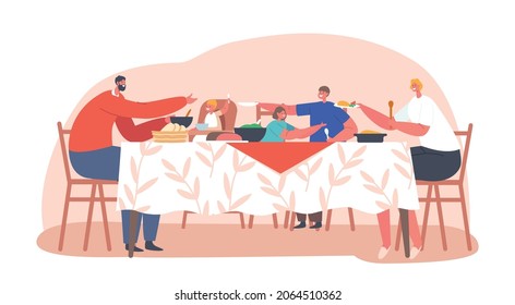 Cheerful Parents and Children Characters Eating Lunch. Happy Family Mother Father and Little Kids Having Dinner at Table with Food. People Eating Meal and Talking Together. Cartoon Vector Illustration