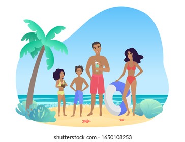 Cheerful parents and kids in swimwear standing near palm on sea shore while relaxing on resort together vector illustration