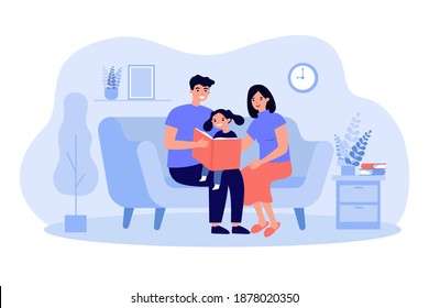 Alegres padres leyendo un libro a su hija de ilustración vectorial plana. Padre, madre e hijo de dibujos animados divirtiéndose juntos y sentados en el sofá. Concepto de familia y paternidad