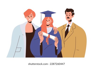 Alegres padres de pie felices y orgullosos de tener un diploma de su hija pequeña en el día de la graduación