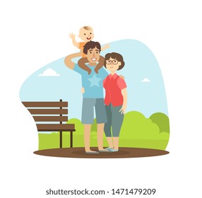 Cheerful Parents and Their Toddler Baby Walking in Park Outdoor, Boy Sitting on Shoulders of His Father, Happy Family Vector Illustration