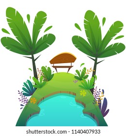 cheerful park poster . grass field on white background . bushes hill meadow with bench at lake or sea shore , summer or spring bright happy funny cartoon style vector illustration . wallpaper 