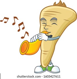 Cheerful parsnip cartoon character performance with trumpet