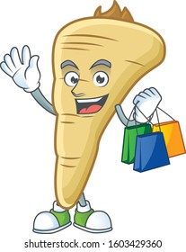 Cheerful parsnip mascot waving and holding Shopping bags
