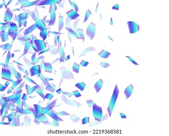 Cheerful party confetti decoration vector background. Blue  hologram particles birthday decor. Surprise burst falling confetti. Prize event decor illustration. Top view sequins.