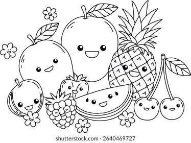 A cheerful party of kawaii fruits! This cute coloring page features a happy pineapple, mango, cherries, and watermelon, all smiling together in a friendly bunch ready for color.