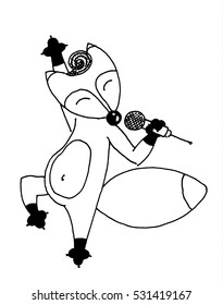 Cheerful party singing fox with microphone. Karaoke, songs dancing. Happy  music fun concert vector.Vector flat simple.Card. Hand drawing. isolated on white background. 
