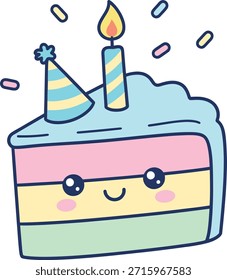 A cheerful pastel cake slice character with a lit candle and party hat. Sweet kawaii dessert illustration for birthday invitations, stickers, and bakery branding.
