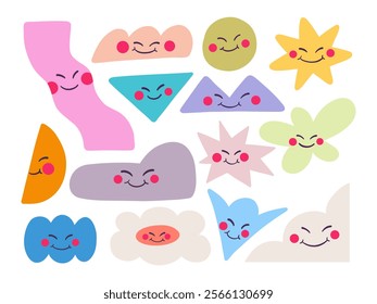 Cheerful Pastel Shapes with Faces Collection. A collection of 14 cheerful pastel shapes, featuring faces with rosy cheeks, including stars, clouds, and geometric design for playful and vibrant project