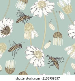 Cheerful pastel tones bees and chamomile seamless pattern print. Hand drawn vector illustration, digital background, surface design. Perfect for textile, fabric, stationery, wallpaper, packaging