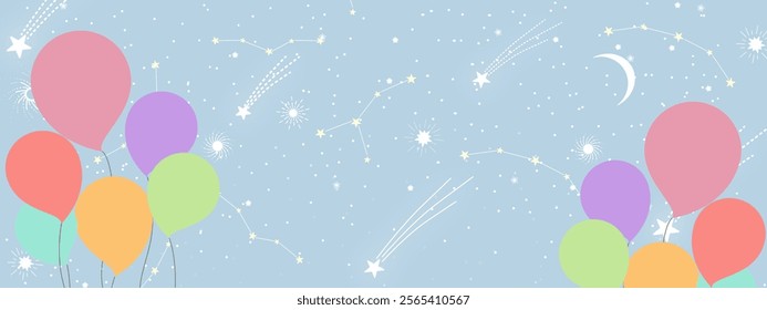 A cheerful, pastel-themed celebration background featuring colorful balloons, constellations, shooting stars, and a crescent moon on a soft turquoise backdrop. Perfect for festive designs.