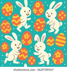 A cheerful pattern with bunnies and colorful eggs on blue