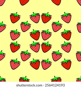 A cheerful pattern bursts with juicy strawberries!  Hand-drawn style, bright colors, and a playful mood make this design perfect for summer.