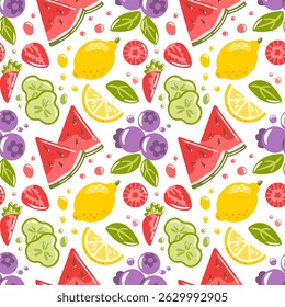 cheerful pattern of colorful fruits, berries and vegetables such as watermelon, lemon, blueberry and cucumber. The refreshing pattern will fill any design with bright and summery energy.