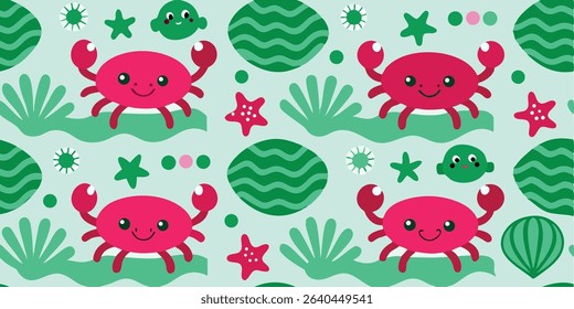 A cheerful pattern featuring adorable cartoon crabs and sea creatures on a light teal background.