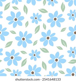 A cheerful pattern featuring blue flowers and green leaves on a white background for spring decor