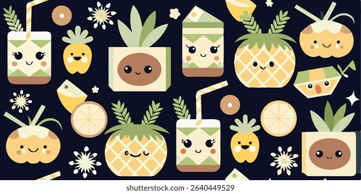 A cheerful pattern featuring cartoon pineapples, juice boxes, and lemon slices, all with cute smiling faces.