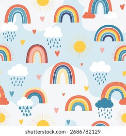Um padrão alegre com arco-íris coloridos sóis e corações em um fundo azul céu.