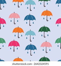 A cheerful pattern featuring colorful umbrellas against a light blue background. This playful design is perfect for fabric, stationery, or fun graphic projects, evoking a sense of joy and whimsy.