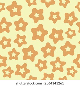 A cheerful pattern featuring orange star shapes on a pale yellow background, ideal for textiles, wallpapers, and creative designs.