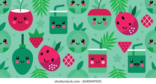A cheerful pattern featuring smiling fruit and drink characters with tropical leaves on a teal background.