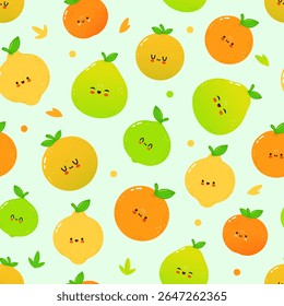 A cheerful pattern featuring smiling oranges, lemons, limes, and pears on a soft green background. Perfect for a joyful design.