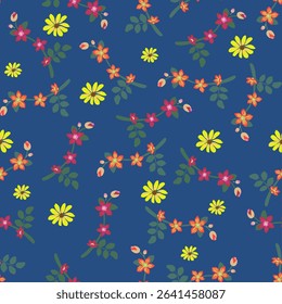 A cheerful pattern featuring yellow, red, and orange flowers on a deep blue background. This design evokes a sense of freshness and energy, ideal for textile prints, fashion, or bright decorative.